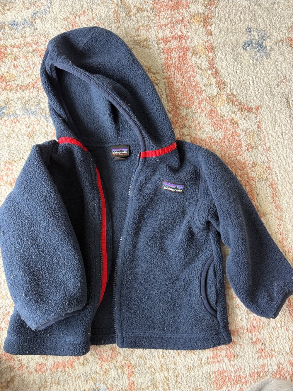 Patagonia Kids Navy Hooded Fleece with Red Trim